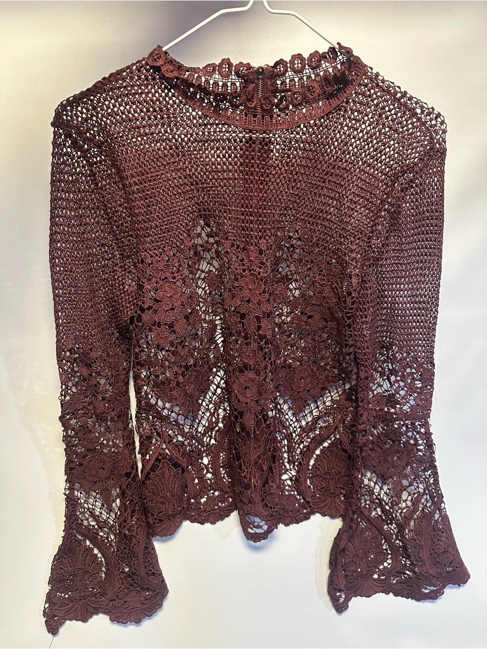 BOLD elements Crochet Lace Bell-Sleeve Top - Wine